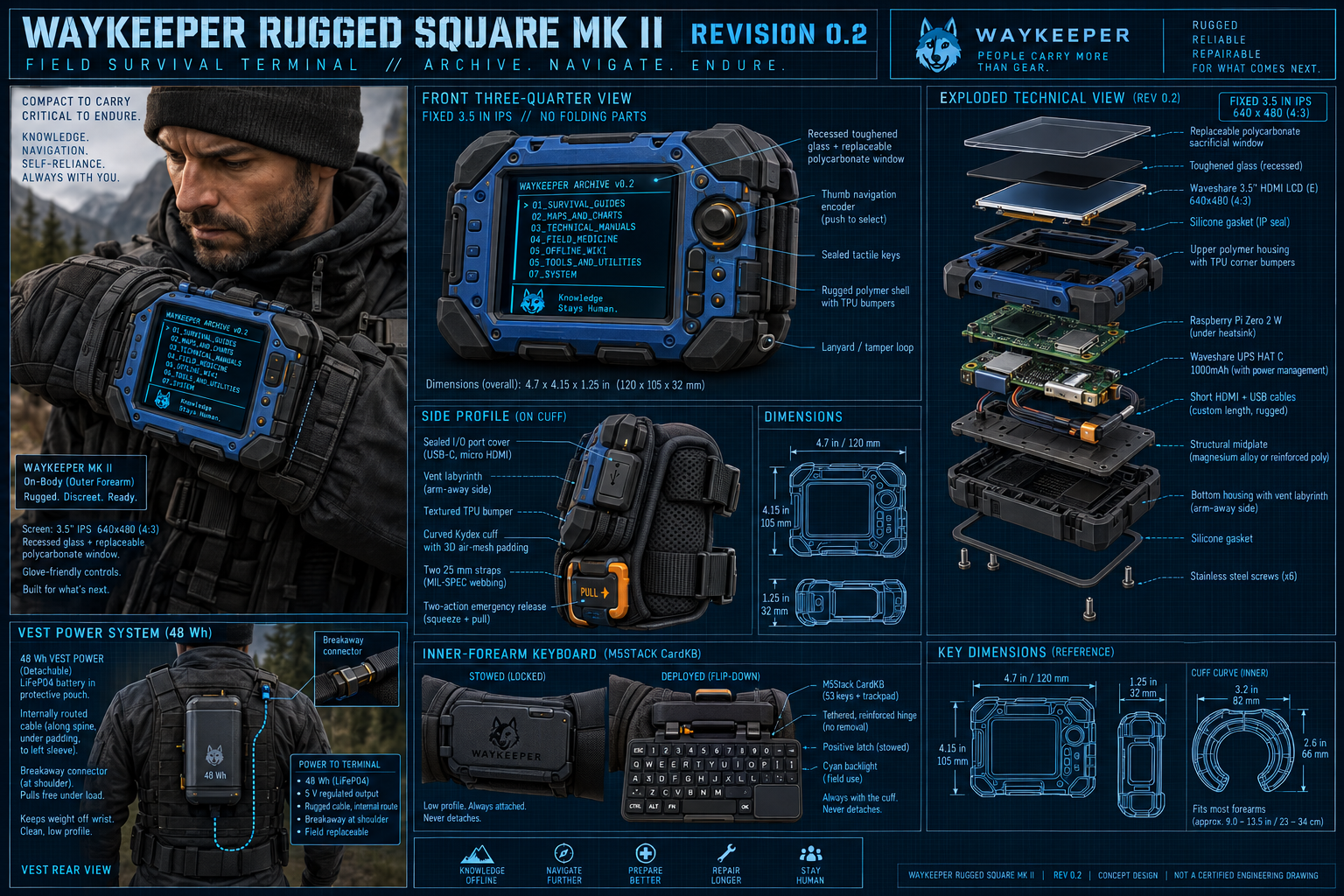 WayKeeper RUGGED concept artwork showing the forearm terminal and component layout