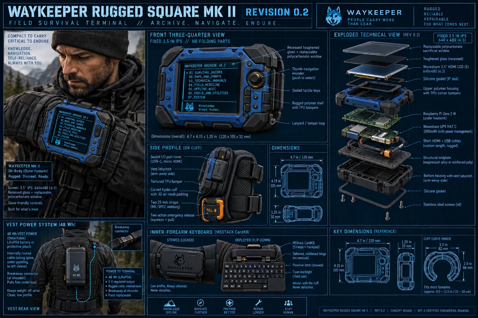 RUGGED repository concept board, showing the forearm terminal, vest battery and exploded arrangement