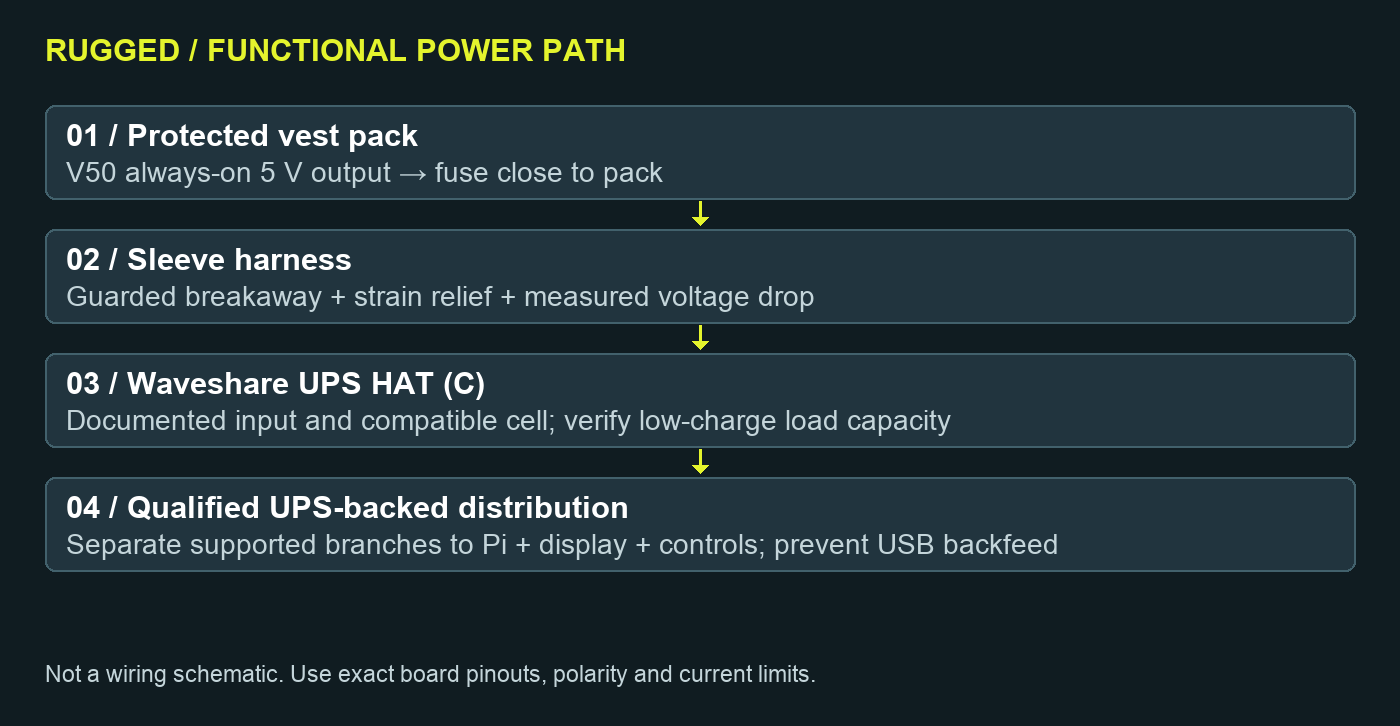 RUGGED functional power path: protected vest supply through fuse and harness to UPS, bridge cell and separate loads